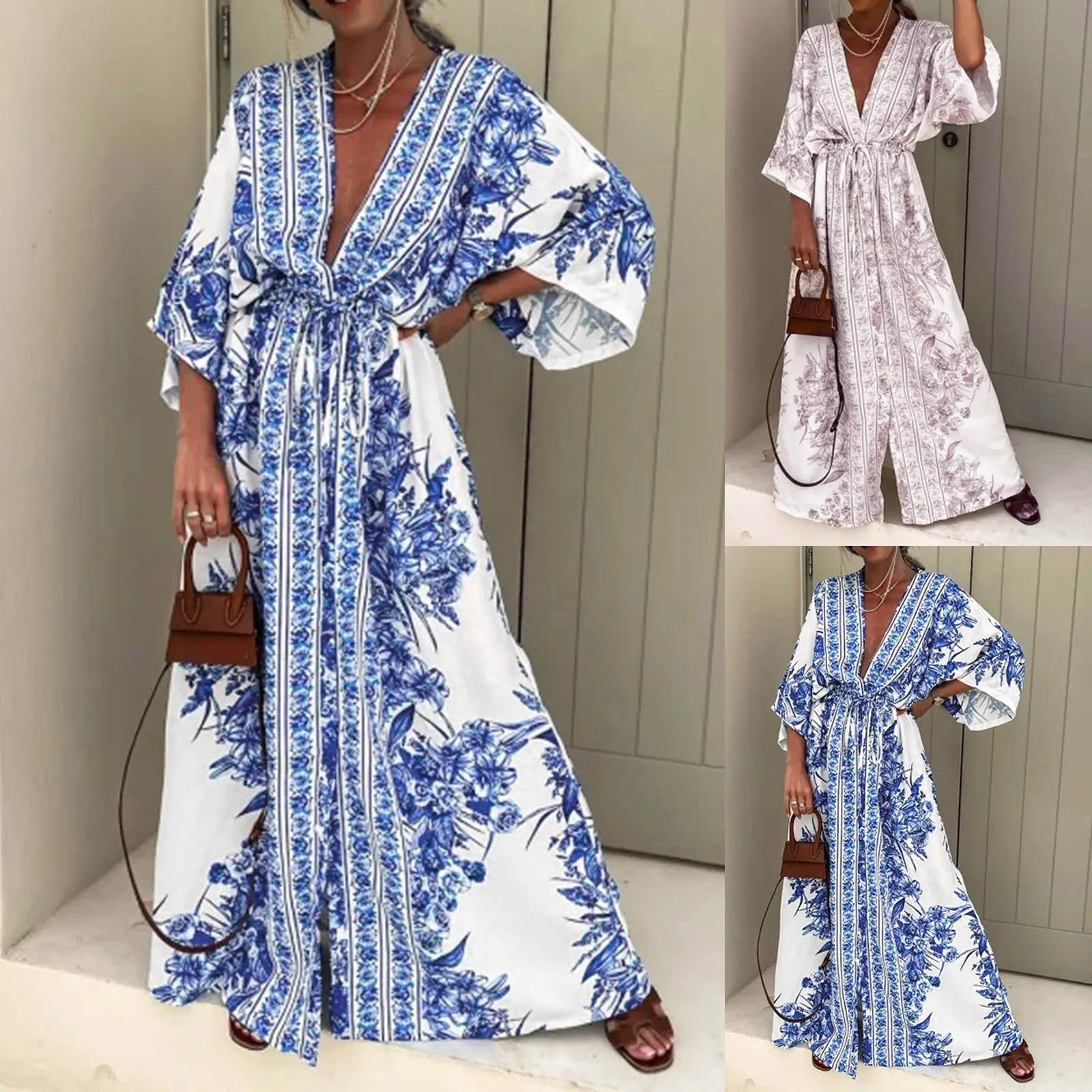 Women Summer Spring Long Maxi Loose Dress Floral Print Plunge Flare Sleeve Dress Ankle Length High Waist Deep V Neck Dresses