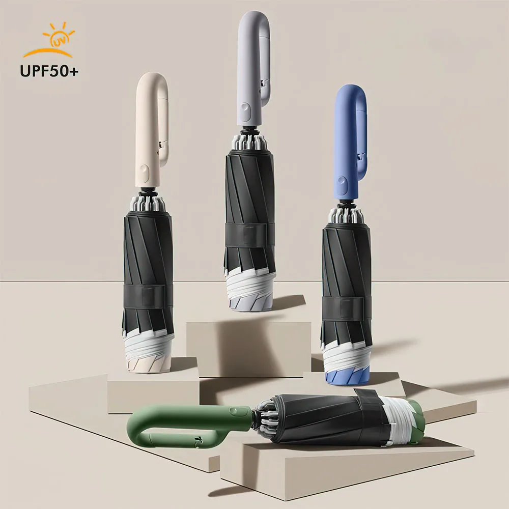 Fully Automatic UV Umbrella with Windproof Reflective Stripe Reverse Fold Umbrella for Men and Women Carabiner Handle Travel