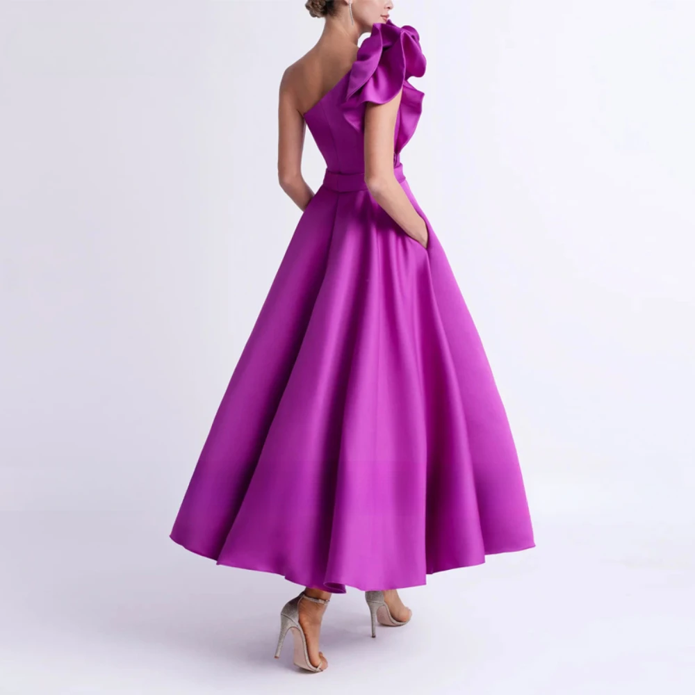 Elegant One-Shoulder Ruffle Satin Quinceanera Dress Back Zipper Ankle Length Prom Party Dress with Pockets Robes De Soiree party dress quinceanera dresses