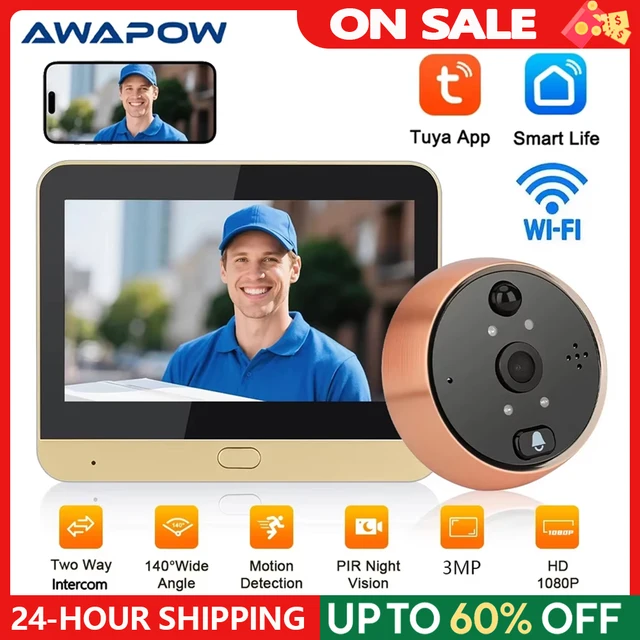 Awapow 3MP Tuya Peephole Door Cameras Video Intercom Doorbell Wifi Door Eye Digital Cameras PIR Detection Smart Home Security