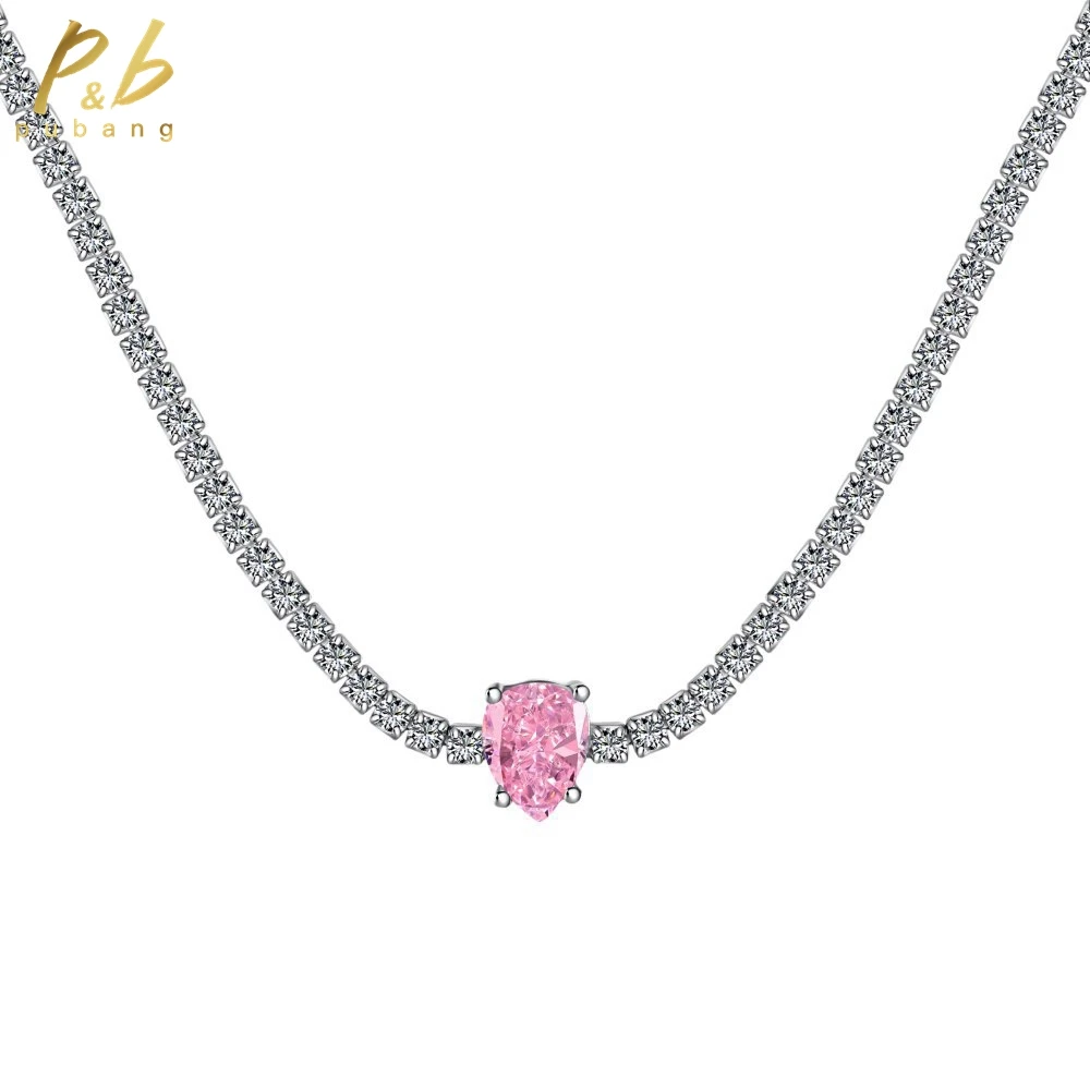 

PuBang Fine Jewelry Real 925 Sterling Silver Blue/Yellow/Pink Gem Created Moissanite Necklace for Women Party Gift Free Shipping
