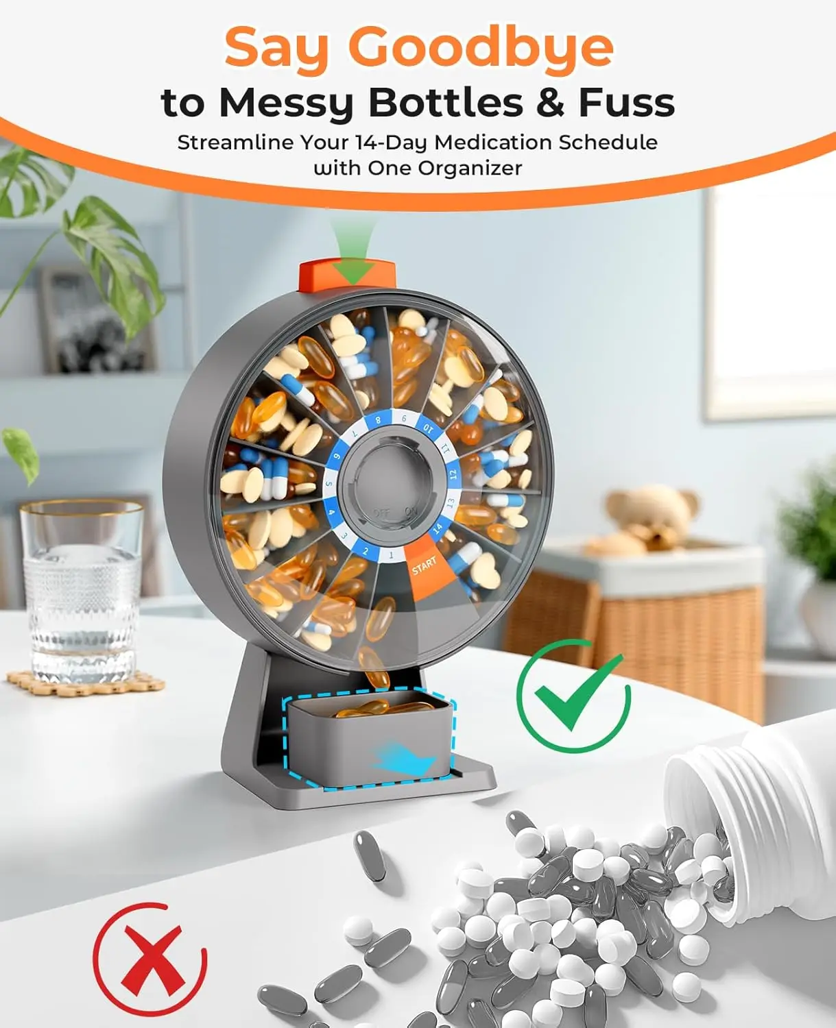 2-Week Wall-Mountable Large Push Button Pill Dispenser Box for Vitamins and Supplements, Gray