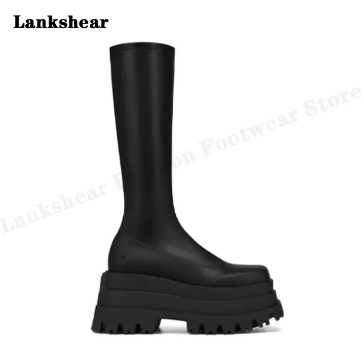 Spring and Autumn Powder Cake Thick Bottom Boots High -Heeled Boots Thin Patent Leather Skinny Leather Thin Boots Women's Shoes