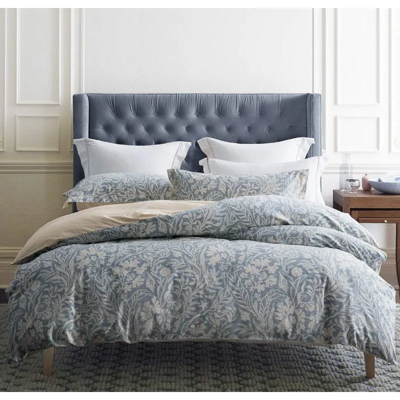 Duvet Cover, 600 Thread Count Cotton Navy & Grey Printed with Luxurious Comforter Cover Sets, Bedding Set 3Pcs
