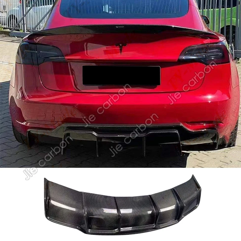 

Dry Carbon Rear Diffuser Lip Spoiler for Tesla Model 3 Sedan 2018 2019 2020 FRP Fins Shark Style Back Bumper Guard Car Styling