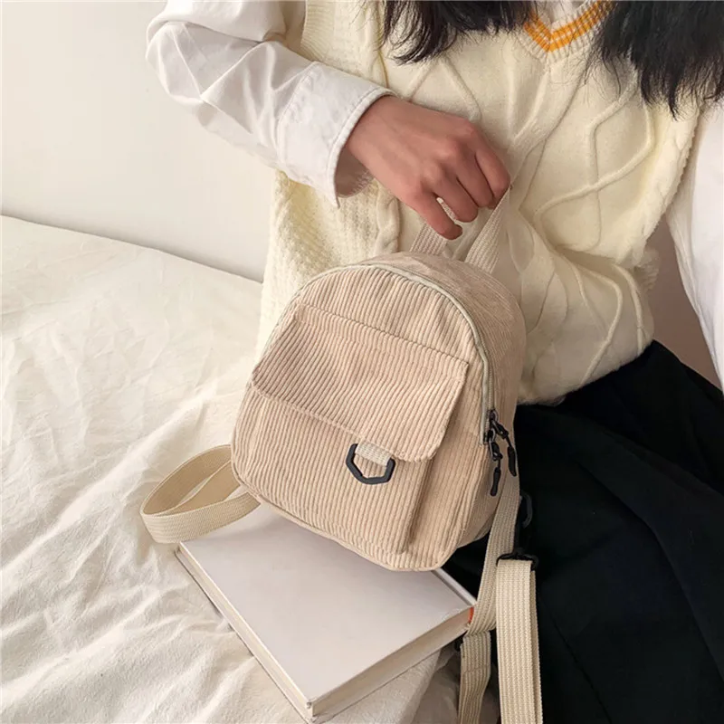 Mini Zaino da Donna alla Moda in Velluto a Coste Tinta Unita Zaino Semplice e Casual per Studenti, Borsa da Viaggio, Novità 2023 - immagine 3