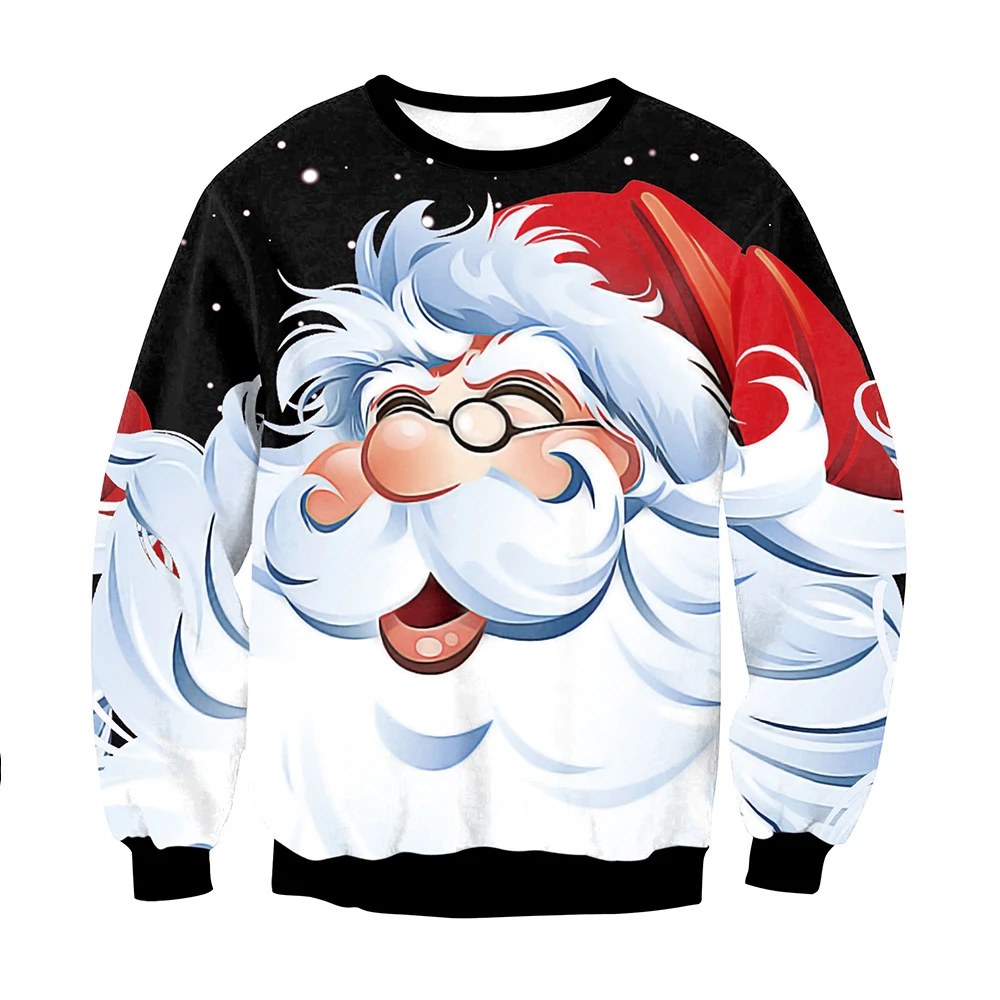 2024 Christmas Bearded Santa Claus Printed Round Neck Long Sleeve Sweater Couple Outfit 2024