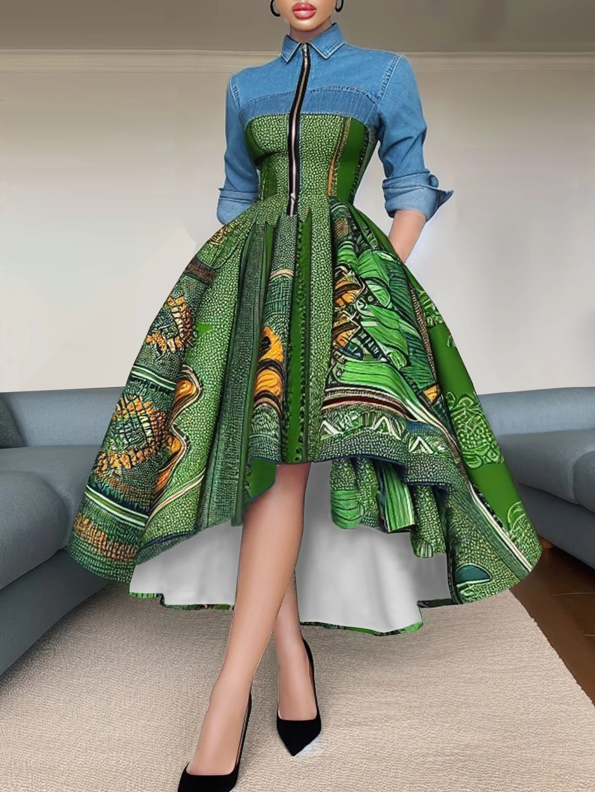 Vestido elegante para mujer, con estampado abstracto, retazos, cuello vuelto, camisa de talle medio, vestido de fiesta de noche, vestido largo para mujer