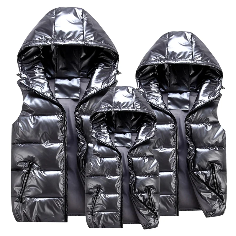 

2024 Man/woman/ child Vest Winter Hooded Glossy Cotton Casual Waistcoat Men's Sleeveless Jacket Warm Overcoats Hat New