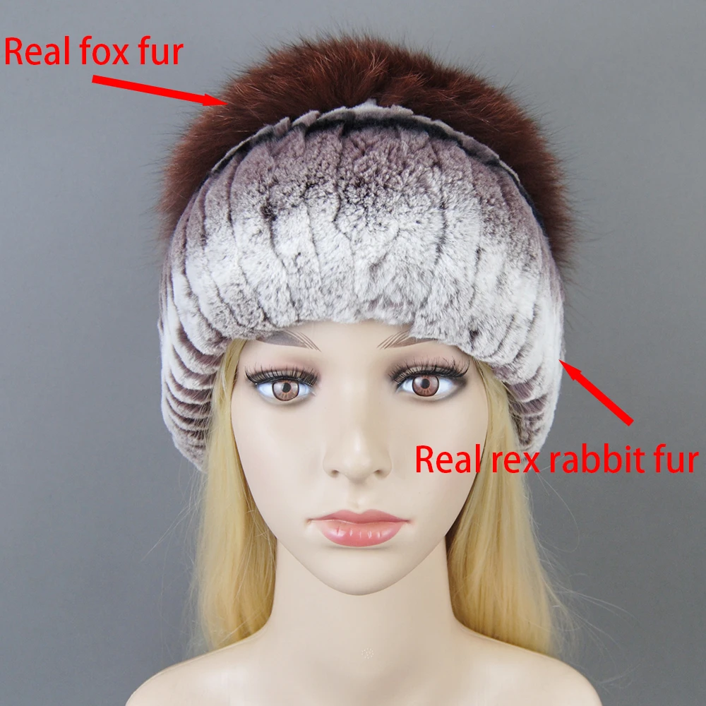Women's Real Fur Hat - Rex Rabbit & Silver Fox Flower Cap, Elastic Winter Warm Hat (Fits Up To 60cm) - View #2