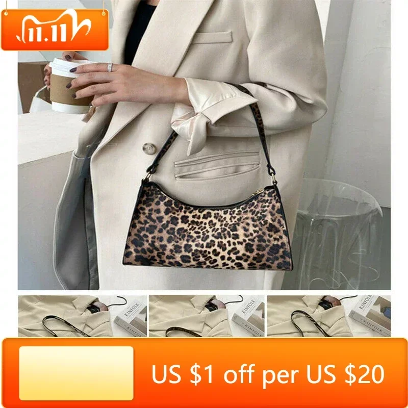 

Womens Leopard Print Underarm Bags Mini Shoulder Bags Zipper Closure Handbags