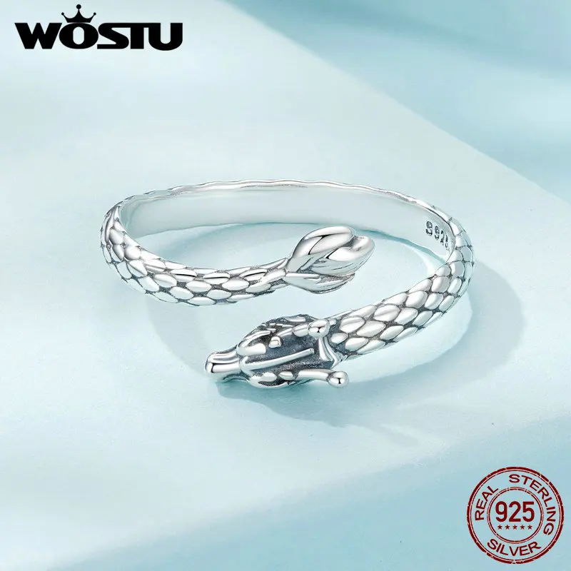 Silver Ring WOSTU Vintage 925 Sterling Silver Dragon Opening Ring For Women Lucky Gothic Animal Stackable Rings Party Punk Hiphop Gift