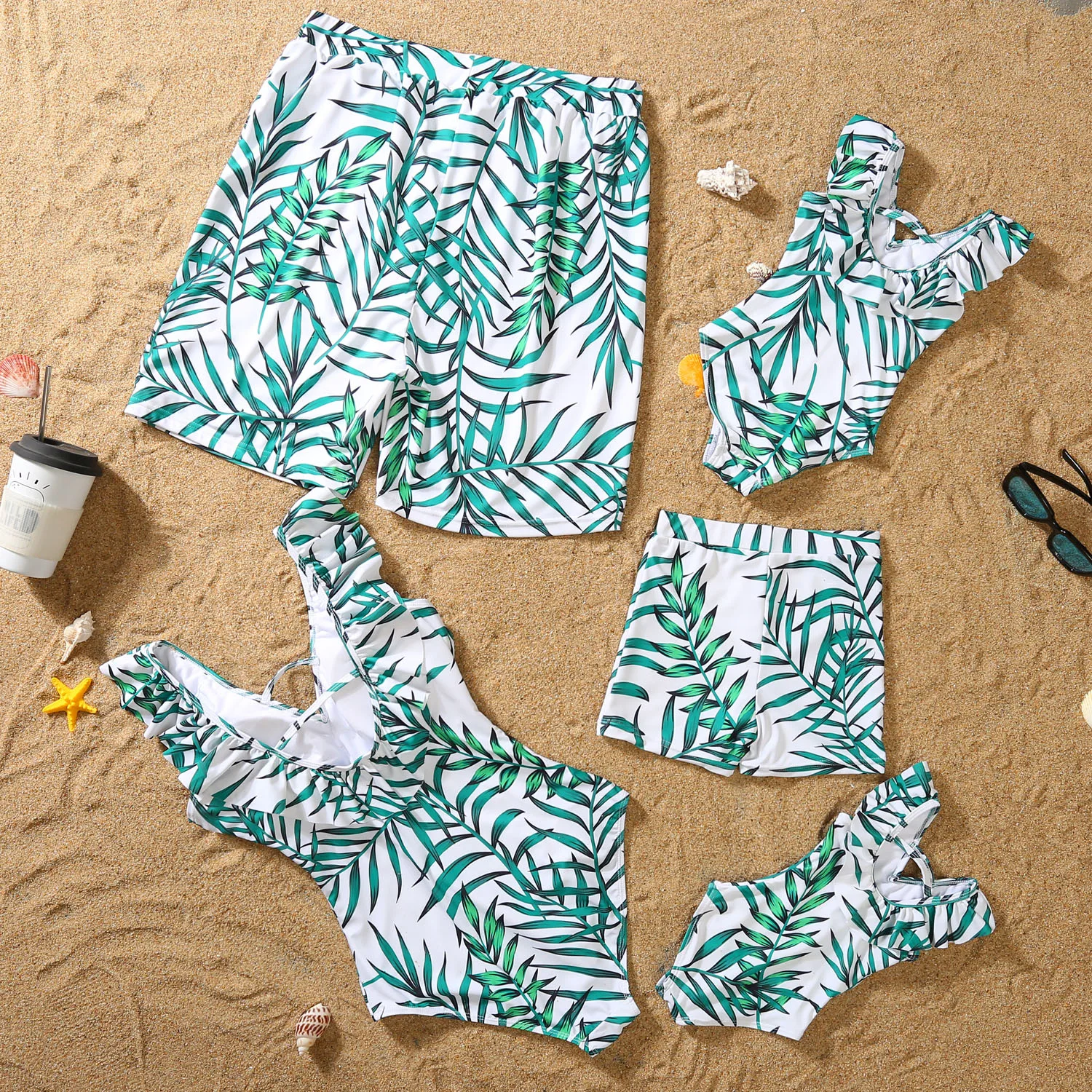 New Family Matching Outfits Leaf Printed Matching Swimsuit Family Look Floral Full Print Multi-color One-piece Matching Swimwear - 6