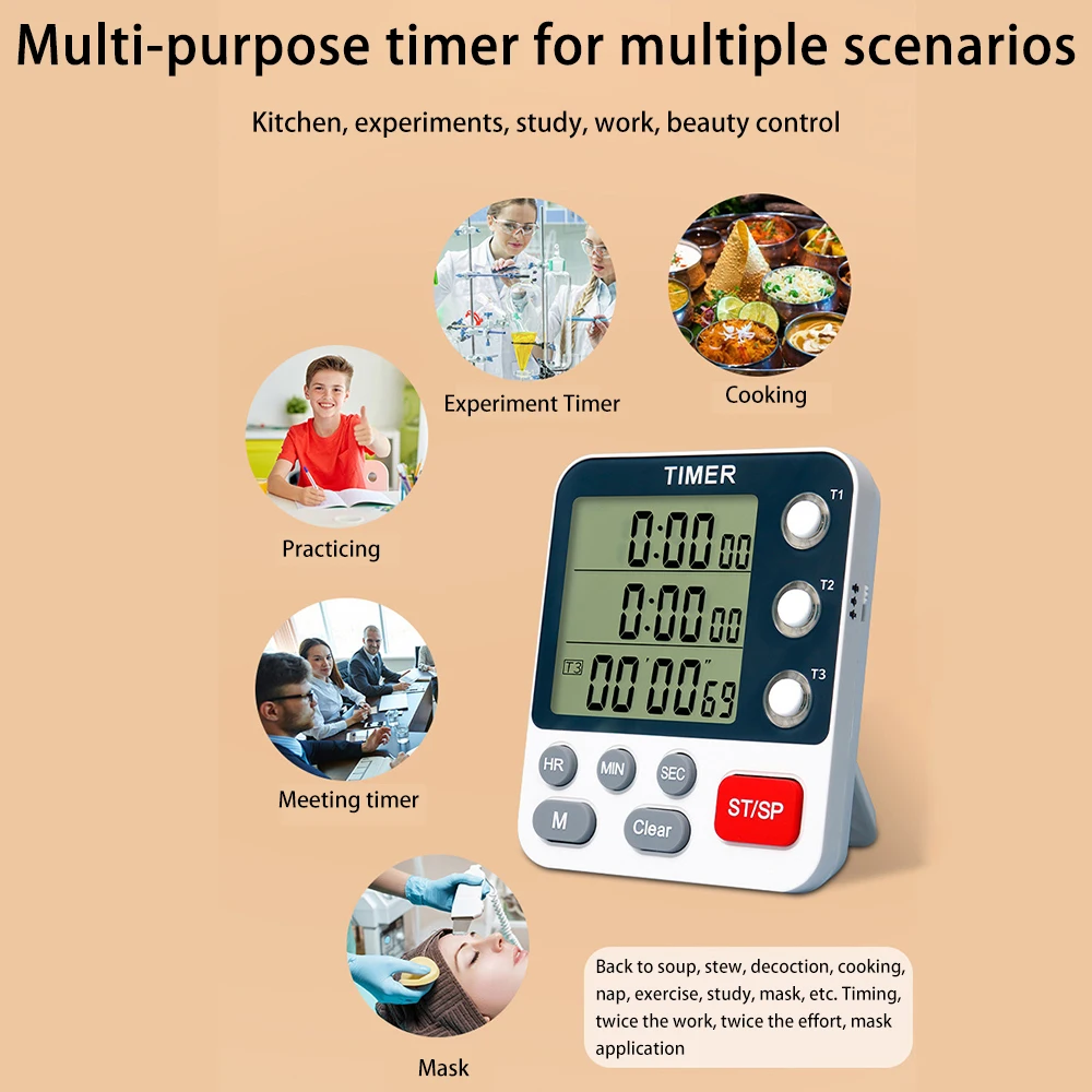 3 Channels Kitchen Timer 100 Hours Countdown Timer For Shower Study Stopwatch 3-Alarms Reminder Clock with Bracket/Magnet/Hole 6