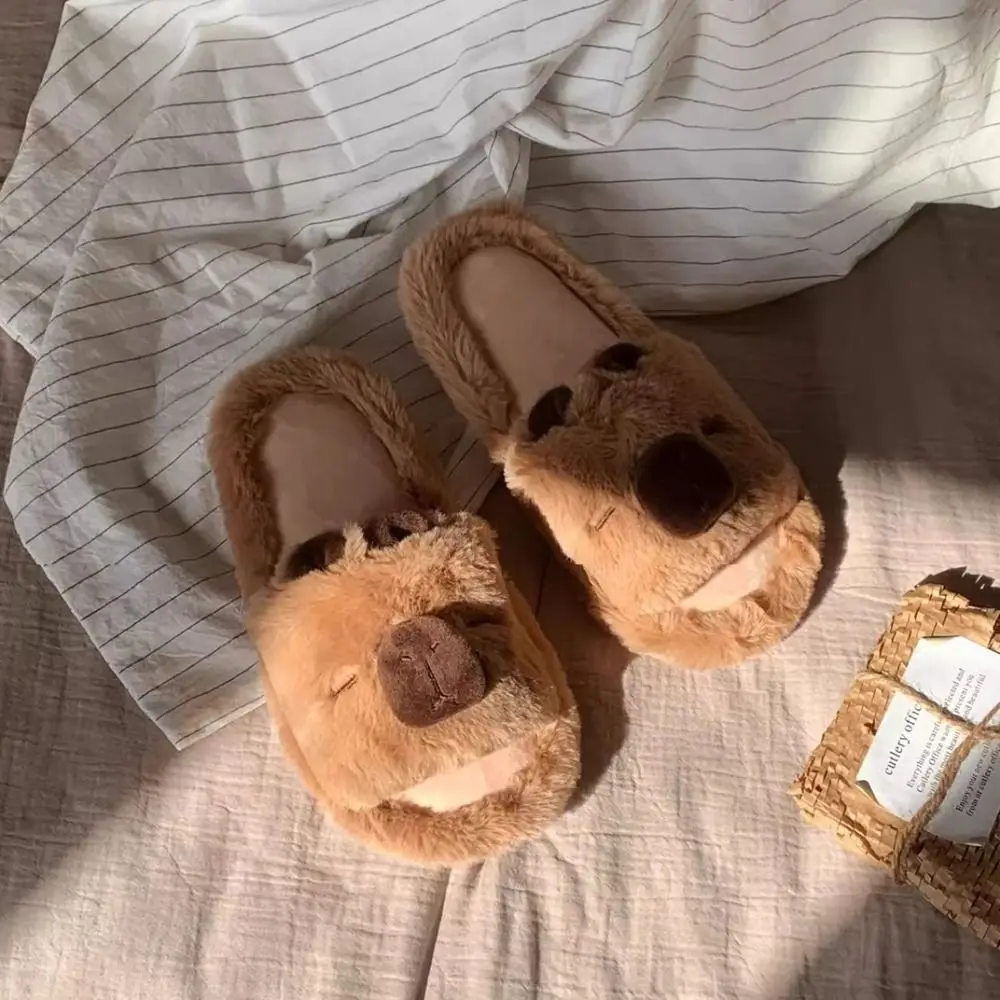 Soft Warm Capybara Slippers Cute Thick Sole Capibara Plush One-line Slippers Silent Non-Slip Winter Fluffy Kapibara Slides