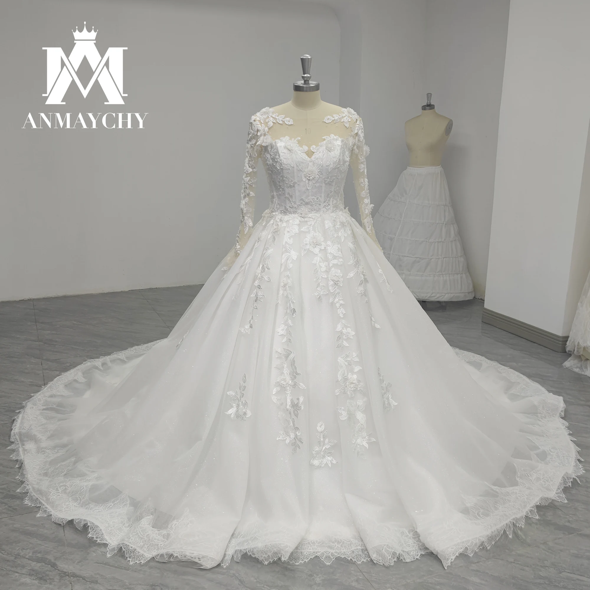 

Женское свадебное платье с бисером ANMAYCHY, Бальное кружевное платье с глубоким круглым вырезом и длинным рукавом, свадебное платье, 2022
