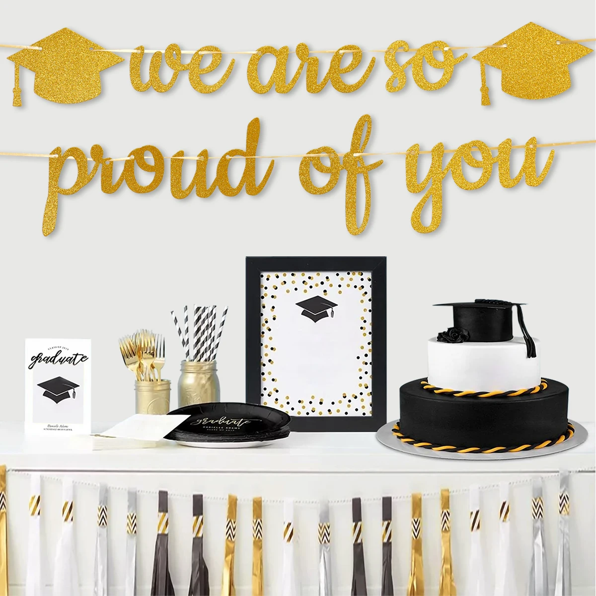 2025 Graduation Banners Party Decoration Black Glitter We are So Proud of You Graduation Banners Garland for Graduation Supplies