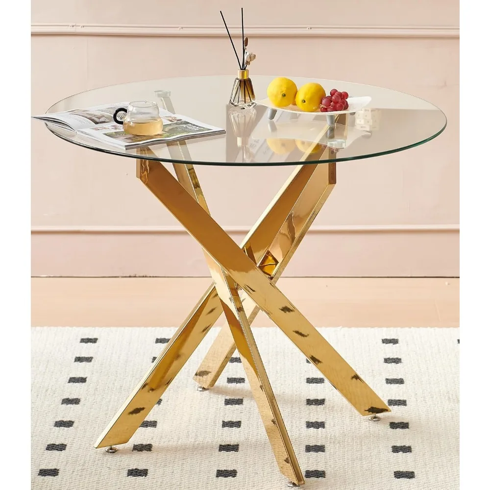 Circle Glass Dining Table Set for 4, Small Kitchen Table Set for 4, 35" Round Glass Dinner Table and Grey Velvet Chairs Set of 4 3