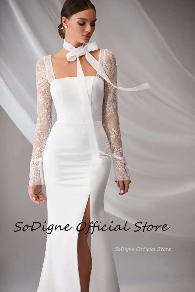 SoDigne Mermaid Elegant Wedding Dress Square Collar Full Sleeves Satin/Lace Bride Dresses Split Bridal Gown Vestido De Noiva 13 Sa28b35734d574dd1af223bb15236ba1dT