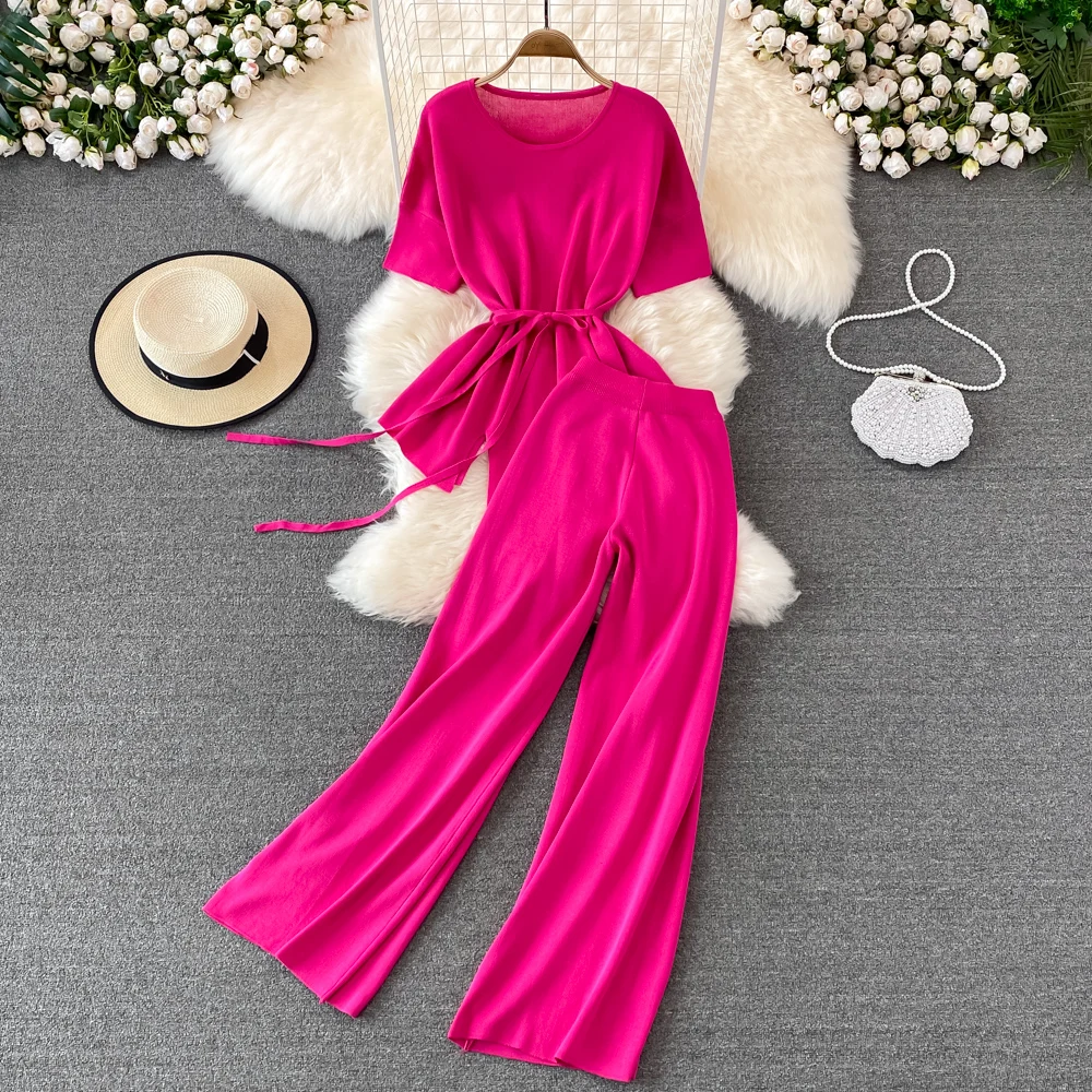 

Модный комплект в стиле богини, трикотажный топ с круглым вырезом и высокой талией, облегающие широкие брюки, комплект из двух предметов