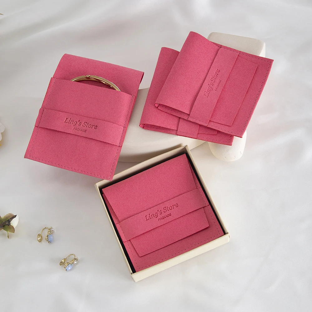 50/100Pcs Chic Custom Logo Jewelry Microfiber Strip Bag Rose Beige Pink Envelope Velvet Ring Earring Pendant Necklace Stud Pouch