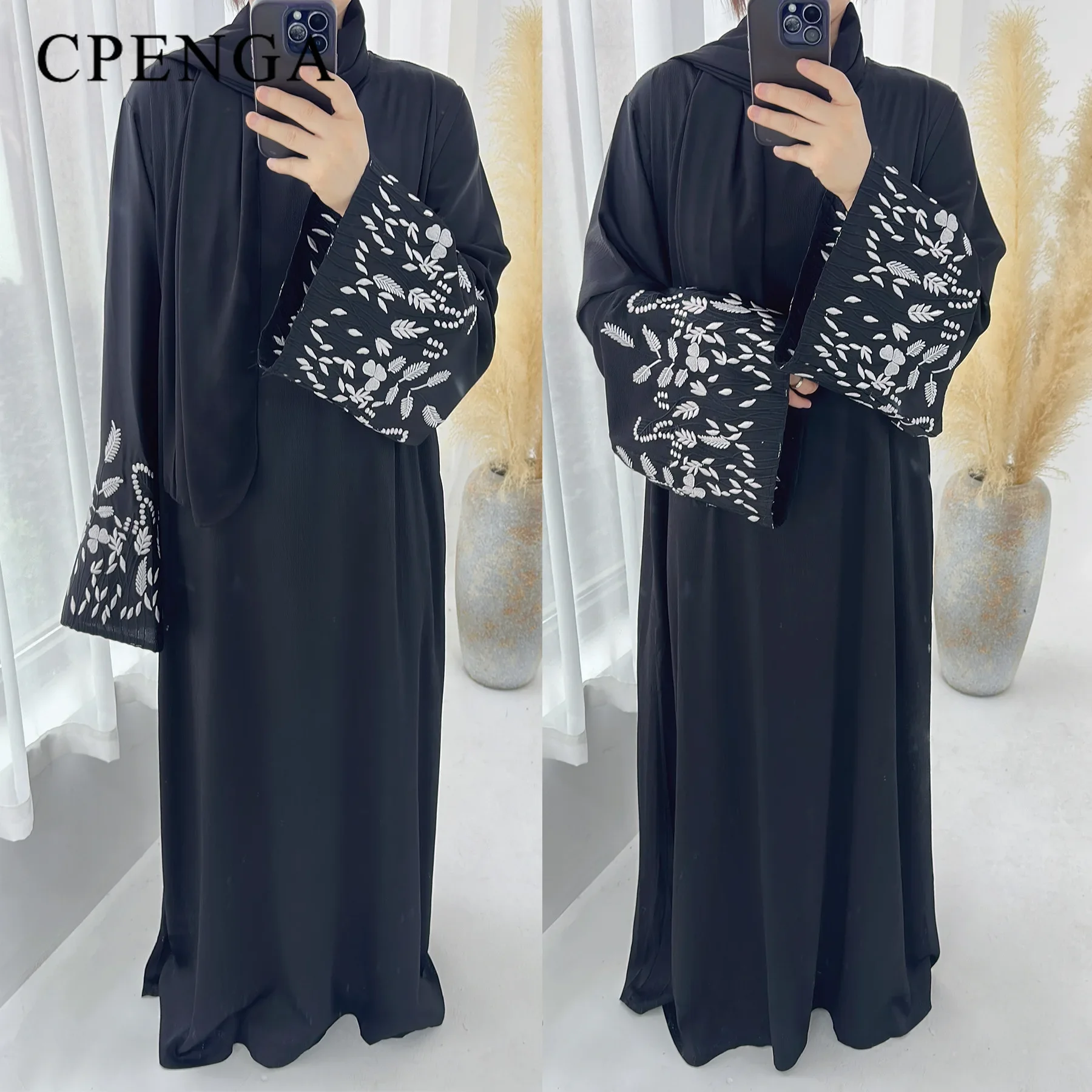 2024 Embroidery Kimono Muslim Robe Syari Female Full Length Muslim Outerwear caftan Black Abaya Saudi Arabia dress for women 1