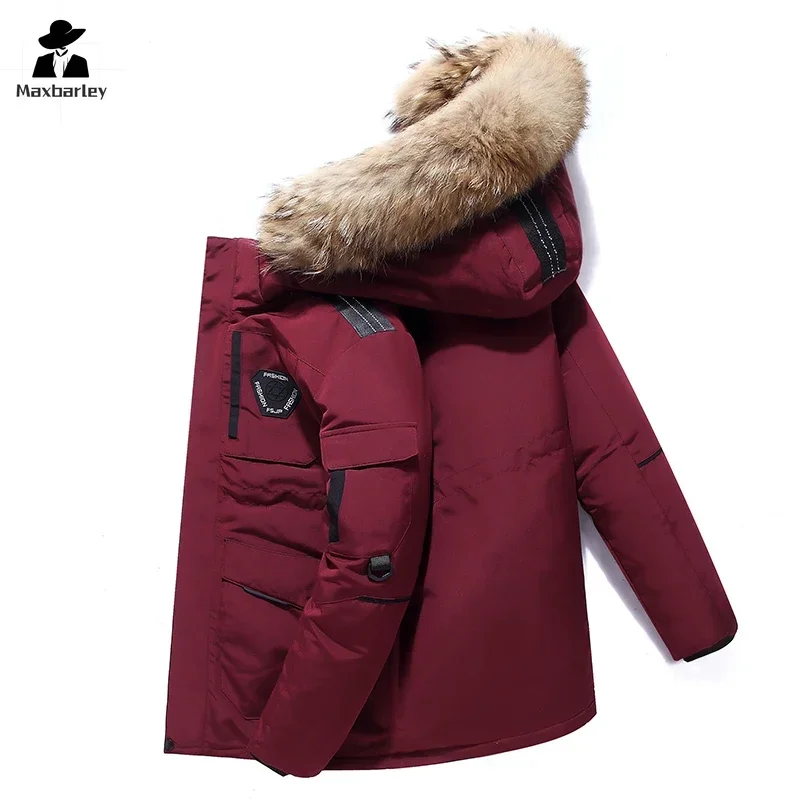 Winter Down Jacket Men's South Korea Running Fur Collar Hooded Luxury White Duck Down Warm Coat Cold-proof Tooling Parka