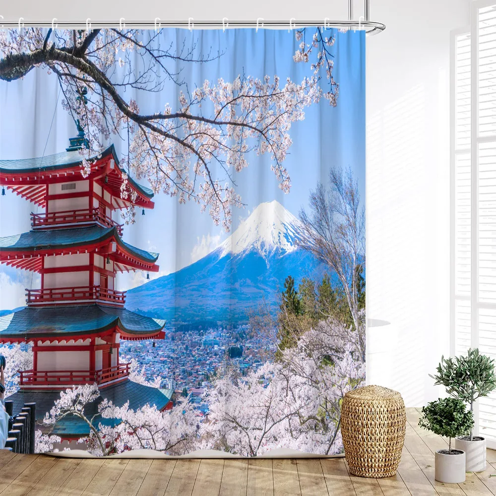 

Японская душевая занавеска с розовыми цветами вишни, пейзаж, традиционная архитектура, декоративный комплект из полиэстера для ванной комнаты Fuji
