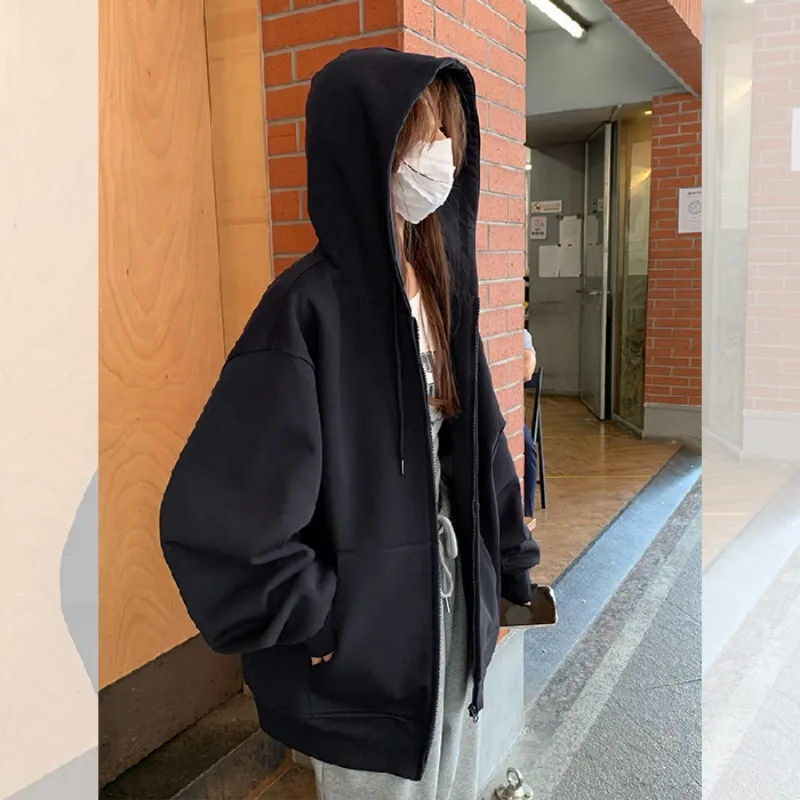 Thickened Cerulean Blue Hooded Sweatshirt Jacket For Women Spring/autumn Zip-up Cardigan Top Winter Oversize Navy Blue Top