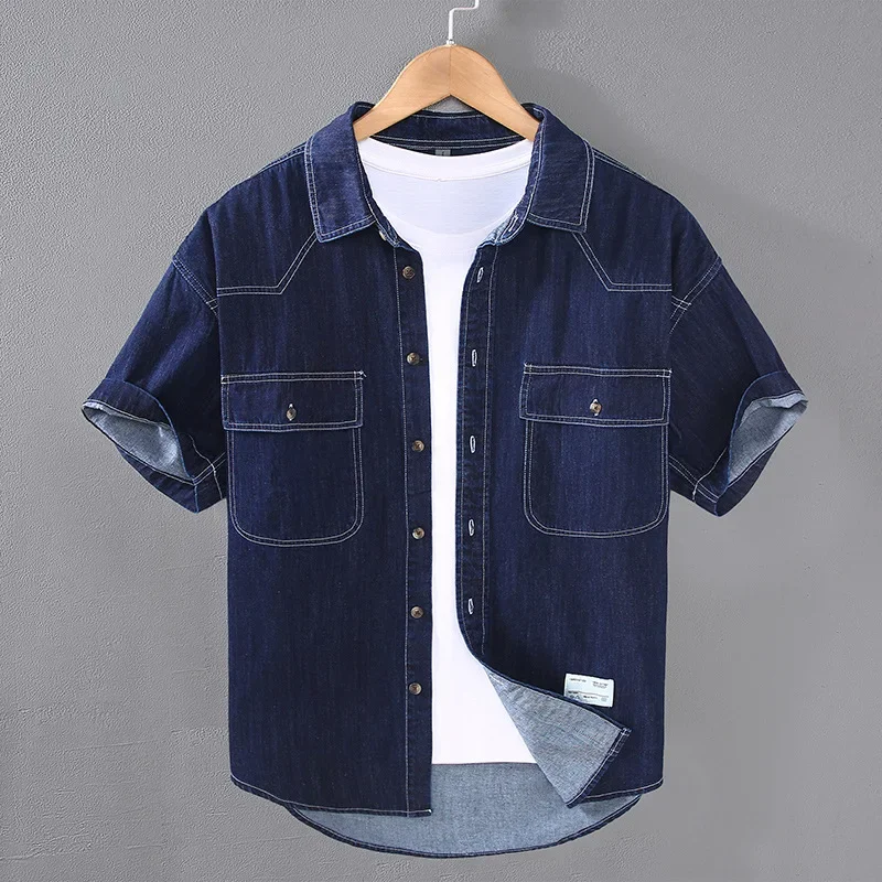 Summer Mens Short Sleeve Denim Shirt Retro Casual Workwear Square Collar Double Pockets Loose Jean Shirts Korean Popular Clothes