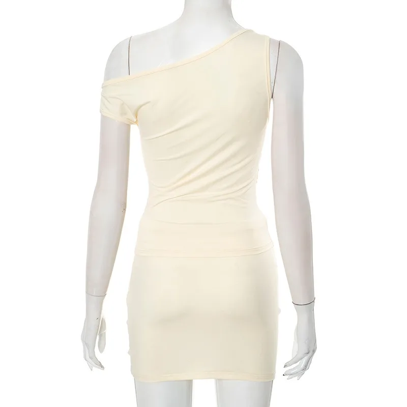 New Fashion Y2k Women's Short Skirt Set Summer Diagonal Neck Sleeveless Metal Buckle Vest Hip Skirt Solid Color Two-piece Set