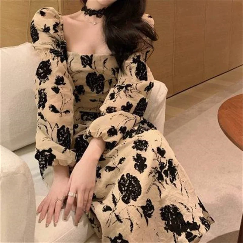 

D&M 2022 Winter And Spring New Fashion High Waist French Retro Long Puff Sleeve Floral Hepburn Women Dress