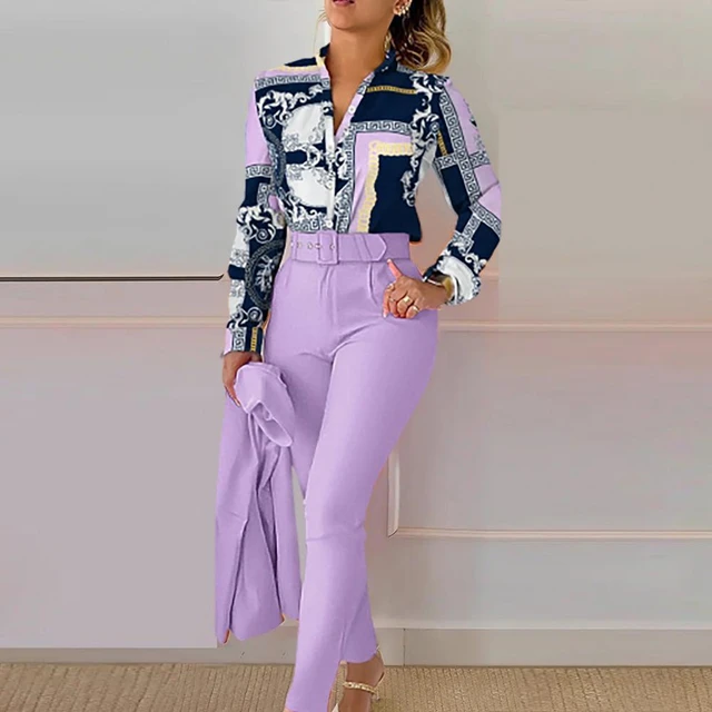 2 Pcs/Set Women Pants Suit Print Single-breasted Lady Long Sleeve Top Set  Formal OL Style Lady Top Trousers Set with Belt - AliExpress