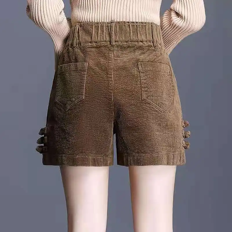 Women's Corduroy Wide Leg With Elastic High-waisted Spring and Autumn 2023 New Solid Color Ruched Pockets A-line Casual Shorts