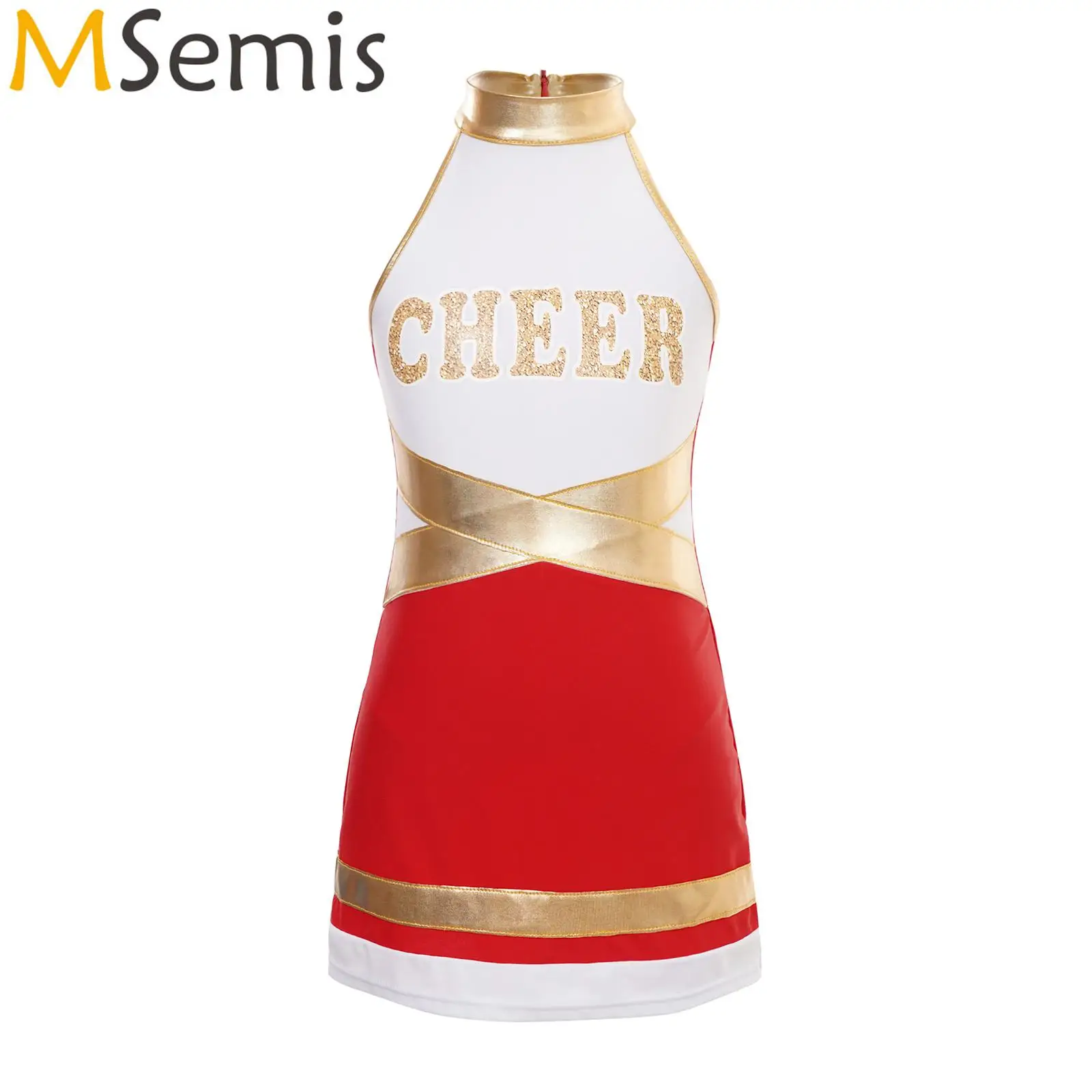 

Kids Girls Sleeveless Cheerleading Dress Letter Print Color Block Cheer Leader Dresses Halloween Theme Party Performance Costume
