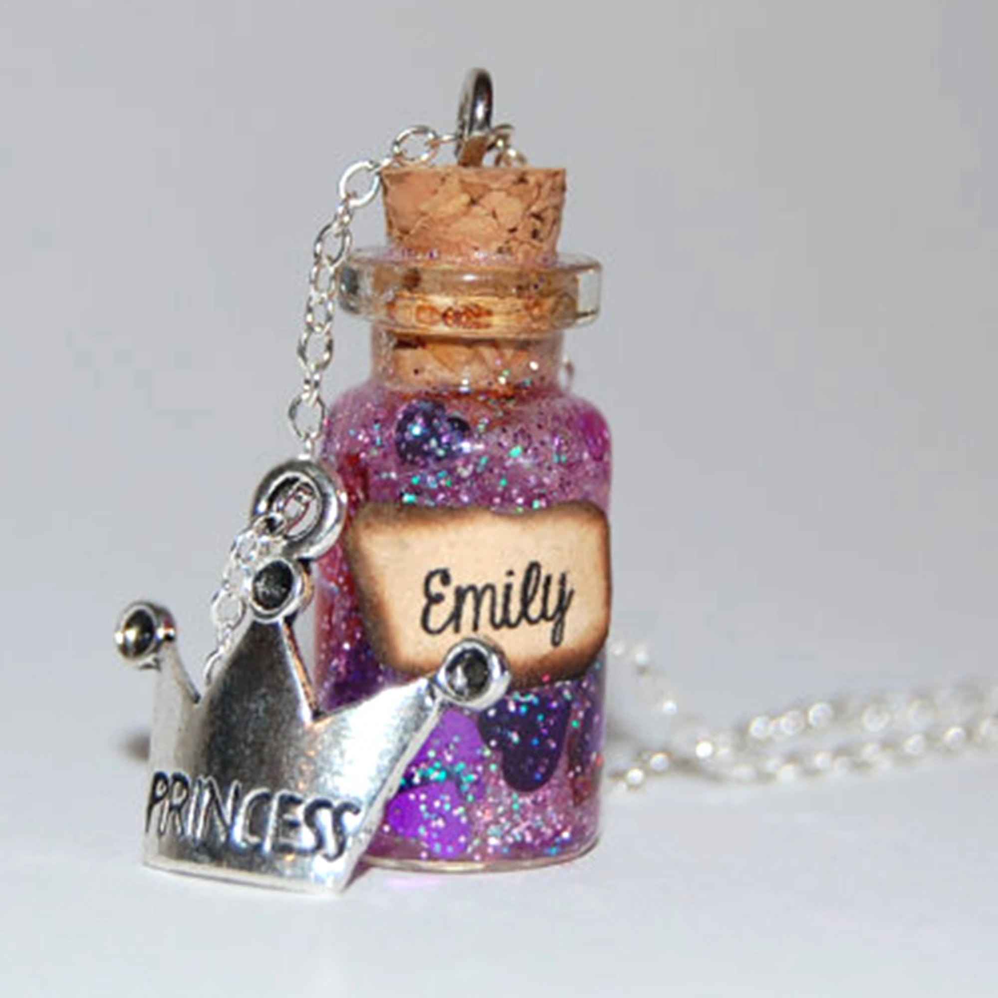 

12pcs/Lot Princess Inspired Costomize 'Name' Handmade Glass Bottle Necklace Emily Message Silver