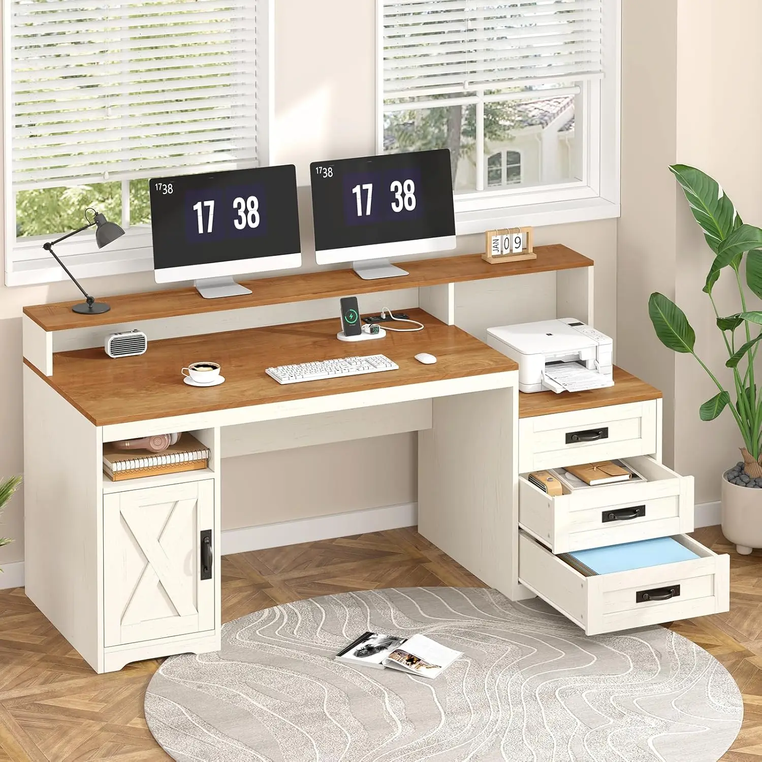 Farmhouse Computer Desk with Drawers, 65'' Home Office Desk with Power Outlets, Storage Cabinet and Printer Stand