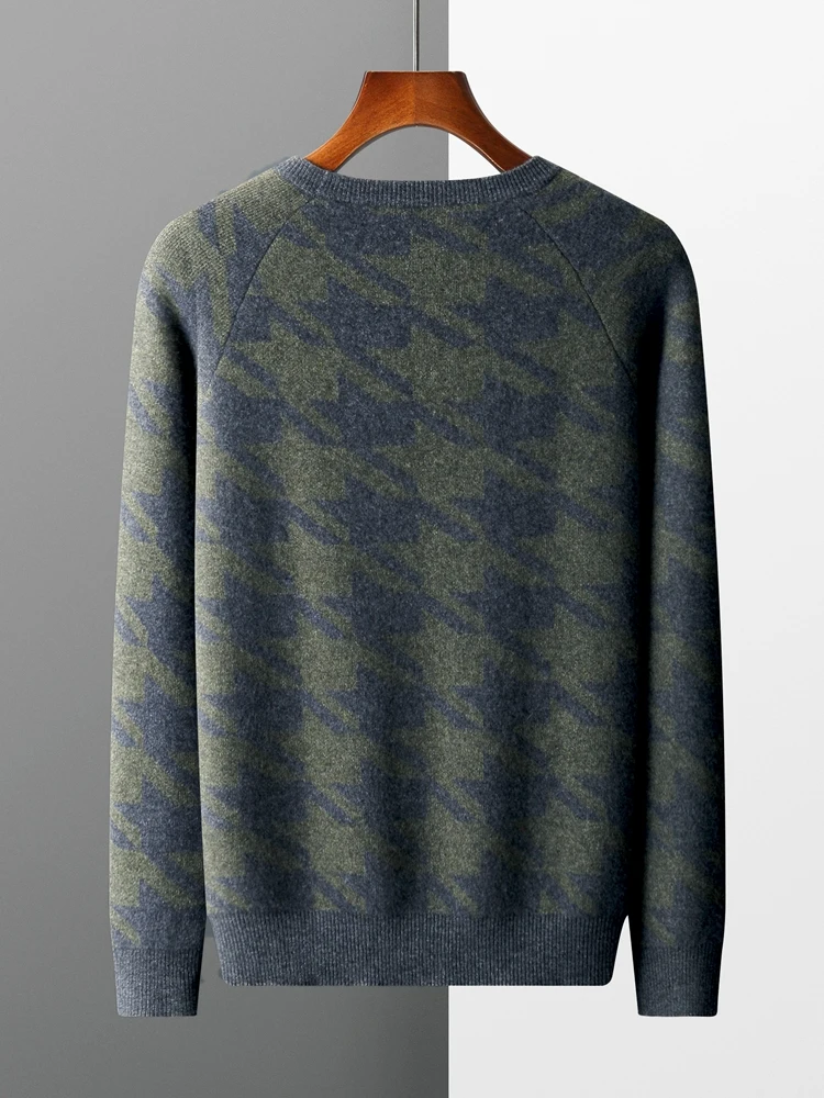 New Men O-neck Cashmere Sweater Long Sleeve 100% Merino Wool Pullover Autumn Winter Soft Warm Houndstooth Knitwear Casual Jumper 2
