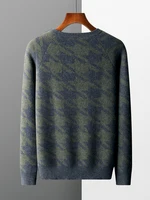 New Men O-neck Cashmere Sweater Long Sleeve 100% Merino Wool Pullover Autumn Winter Soft Warm Houndstooth Knitwear Casual Jumper 2