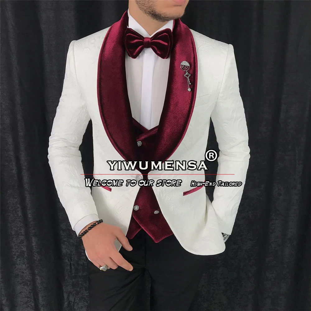 Red Shawl Lapel Jacquard Tuxedos Mens Suits Dinner Jacket 3 Pieces for Groomsman main image 1