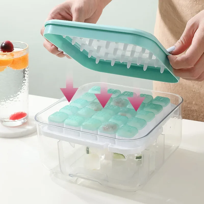 Silicone Ice Cube Tray Press Type Ice Cube Making Mold with Lid Square Block Storage Box Maker Cocktail Kitchen Tools