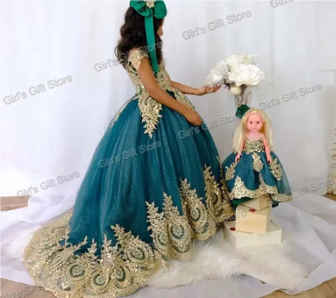 Flower Girl Dresses for Wedding Pageant Birthday Sleeveless Gold Appliques Beaded Child Holy First Communion Ball Gown