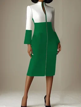 Krisstar 2025 New Women's Bodycon Dresses Contrast Color V-neck with Zipper Long Sleeves Formal Occasion Office Midi Dresses