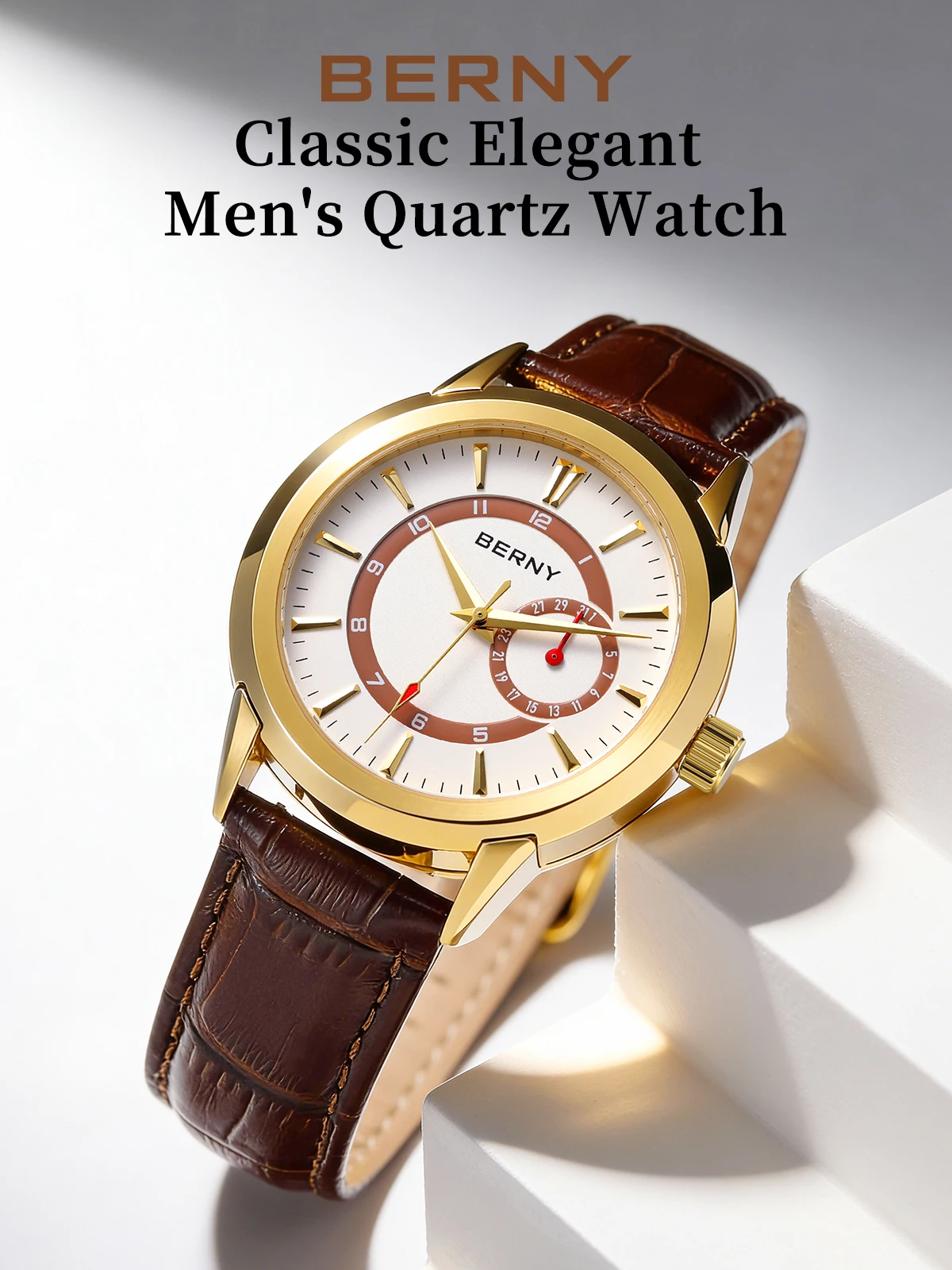BERNY Herren-Quarzuhr, modisch, luxuriös, elegant, Datums- und Kalenderuhr, für Business, leicht ablesbare Armbanduhren aus Edelstahl – Detail 1