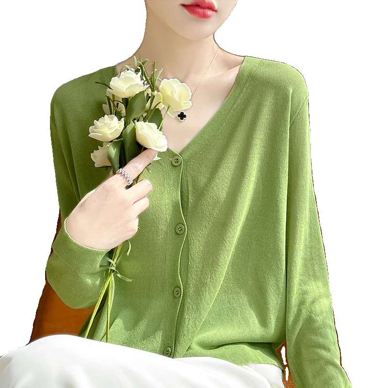 Women's Cardigans 2026 Thin Summer Single Breasted V-neck Loose Knitted Sweater Fashion Solid Tops Ice Silk Outerwears Jumpers - 4