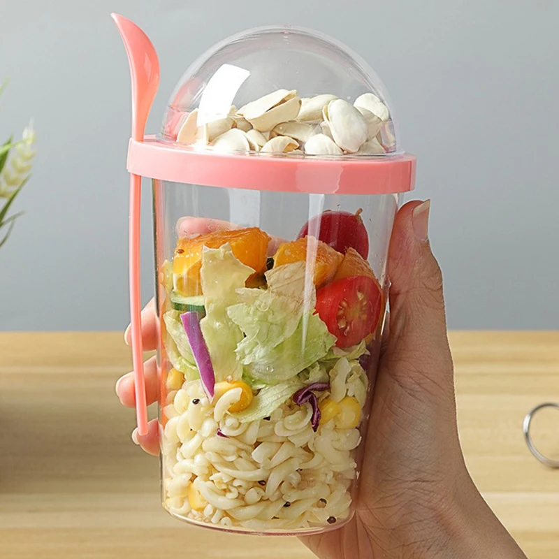 1pc Portable Oval Plastic Salad Bowl With Fork And Dressing Container,  Ideal For Taking Fruits And Vegetables On-the-go