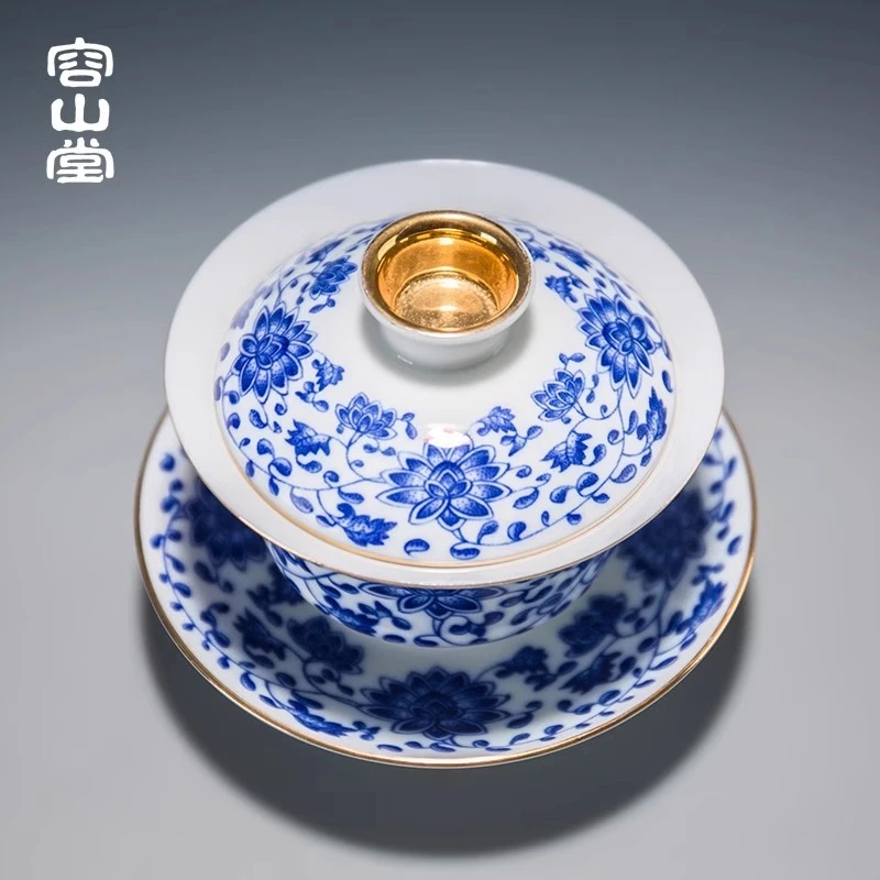 Rongshantang Jingyun covered bowl tea cup set ceramic large enamel painted Sancai blue and white tea bowl Kung Fu set