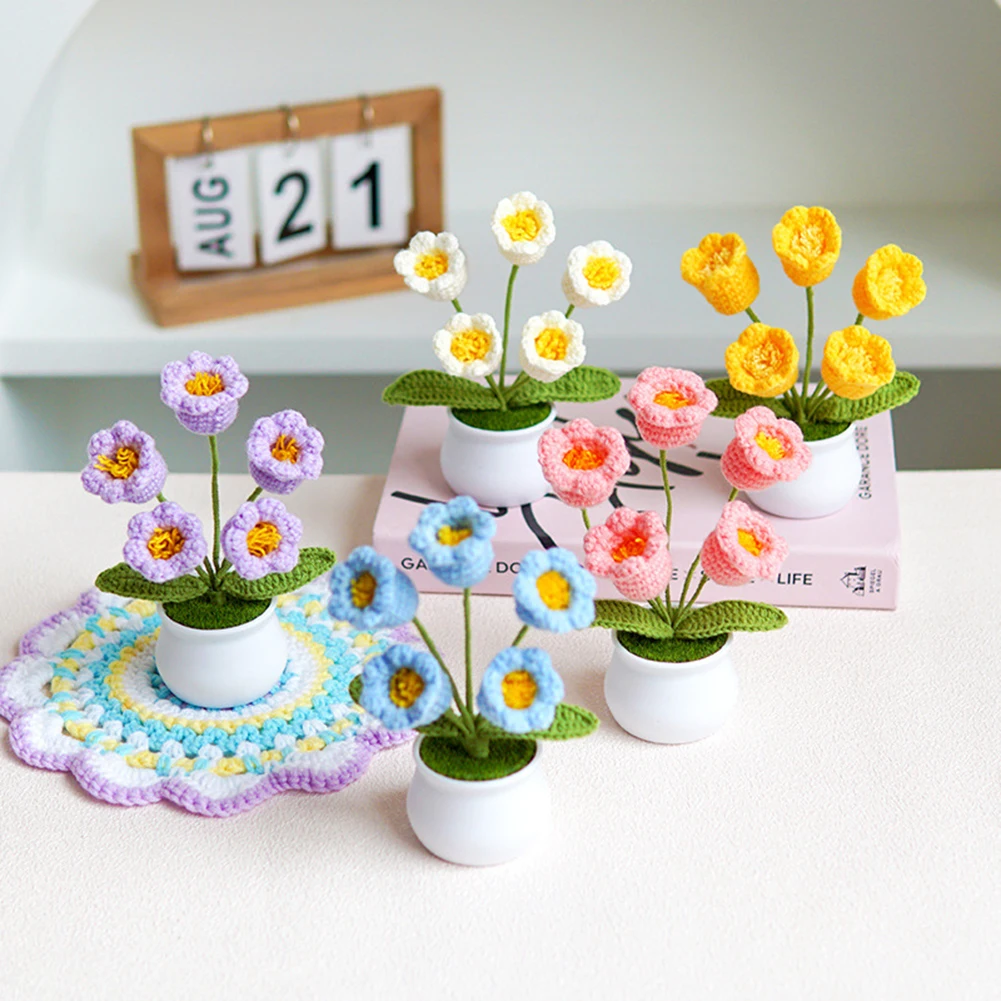 

Hand-Woven Rose Potted Plants Desktop Bedroom Ornament Hand Knitting Potted Plants Woven Gifts Home Decoration Crafts