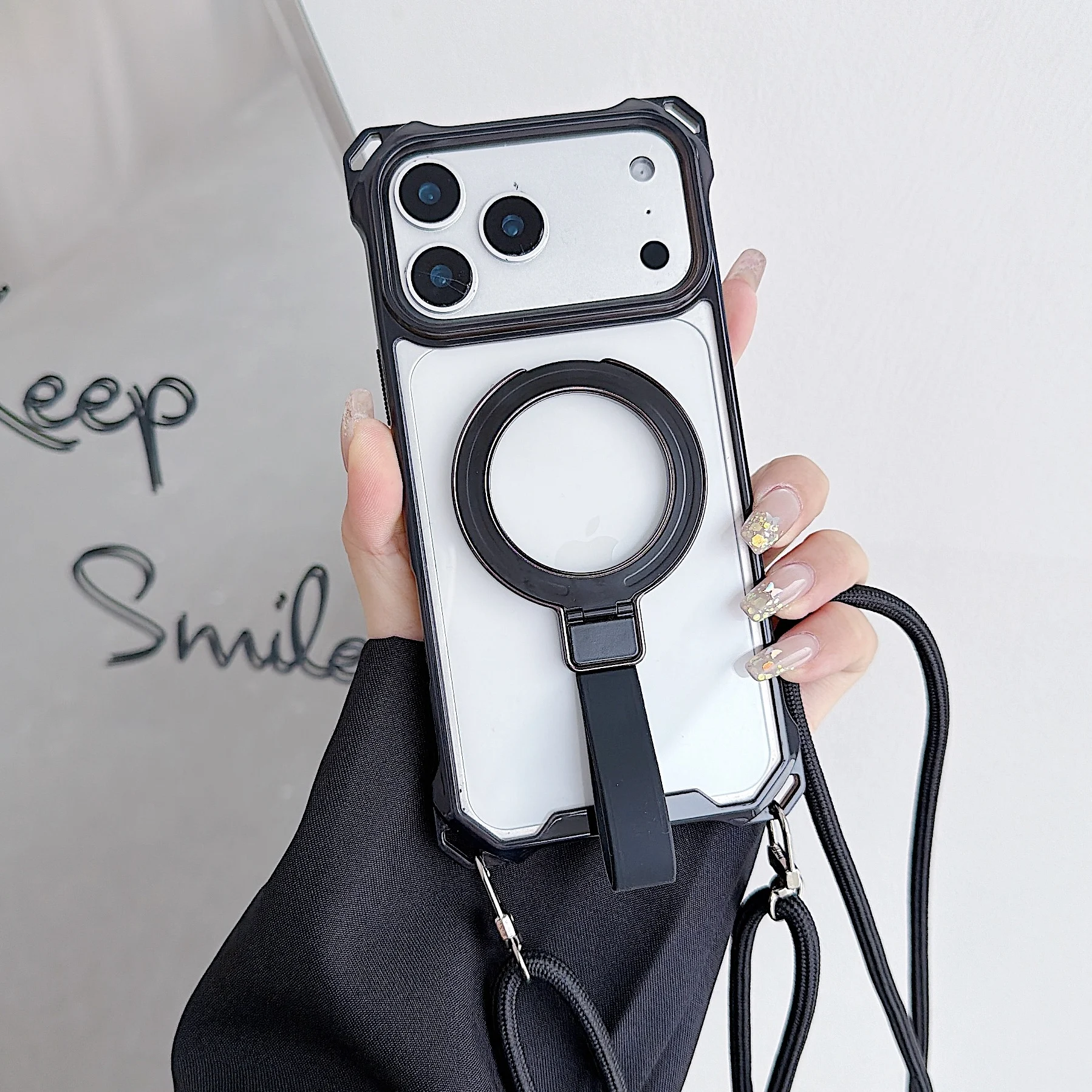 Luxury Armor Magnetic Phone Case with Crossbody Strap & Clear Cover