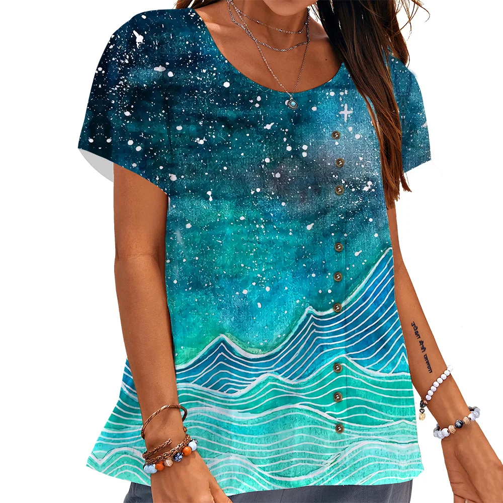 

CLOOCL Fashion Women T-shirt Starry Sea Pattern 3D Printed Tees Button Decorate Loose Short Sleeve Summer Female Cozy Tops